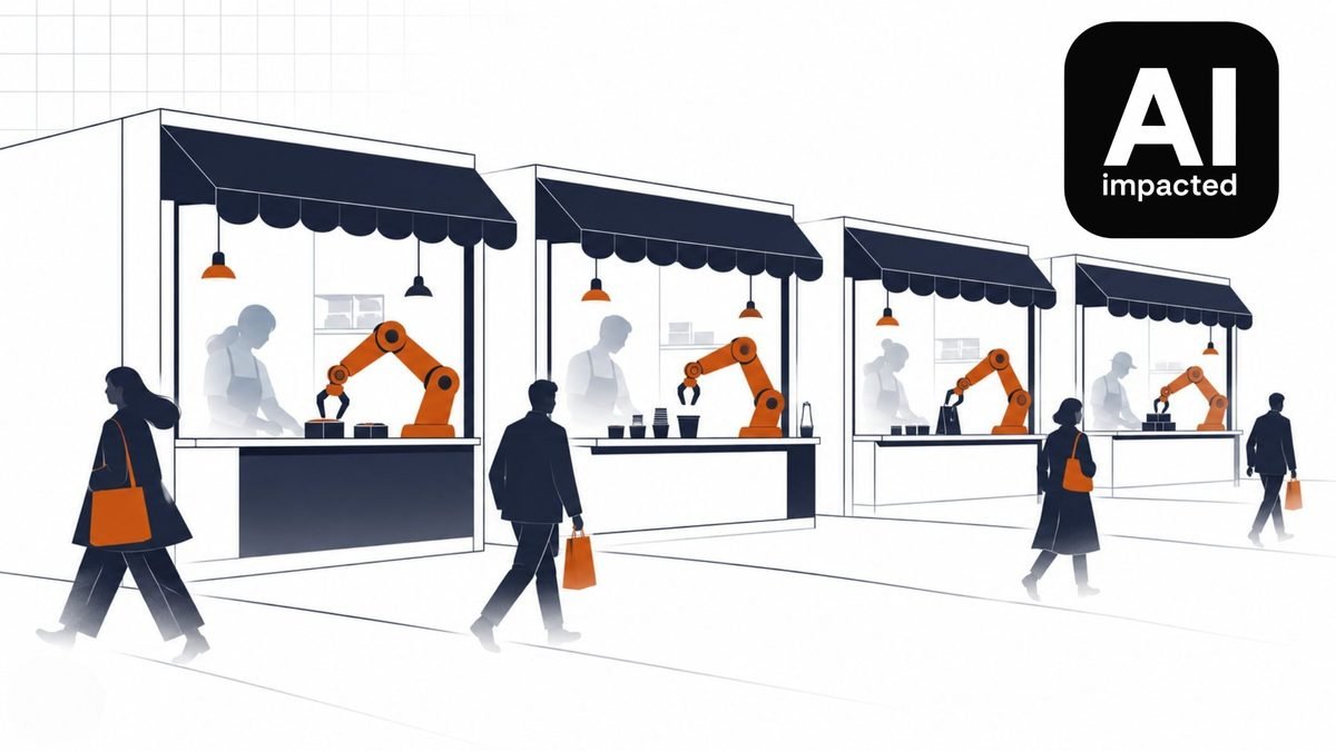 A row of four identical market stalls with navy awnings. At each counter an orange robot arm works where a faded human shopkeeper stands, while navy-clad shoppers carrying orange bags walk past along the street. The AIimpacted logo tile sits top right.