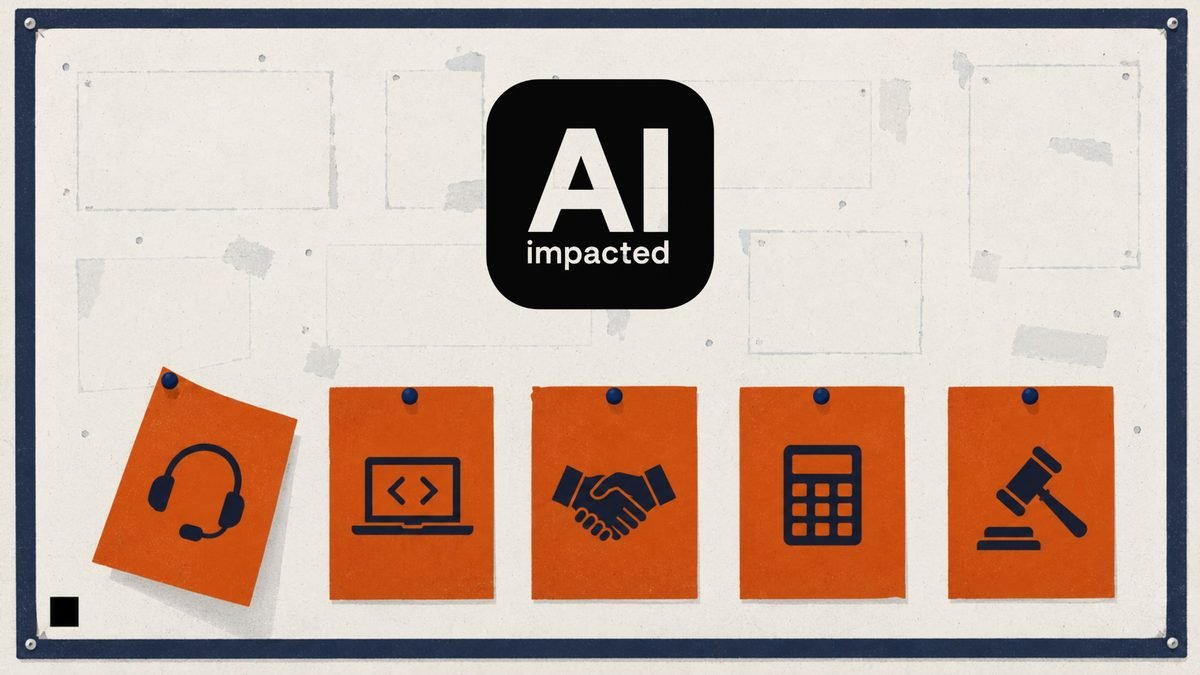 A cork noticeboard with faded outlines where job cards once hung. Five fresh burnt-orange job cards are pinned along the bottom, each with an icon: a headset, a laptop with code brackets, a handshake, a calculator and a gavel. The headset card at the left hangs crooked from one pin. The AIimpacted logo tile sits in the centre of the board.