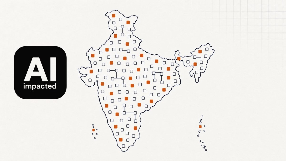 Outline map of India filled with small rounded squares, each one a task. Most squares are empty outlines; about one in five is solid burnt orange, marking tasks already taken over by AI. A few squares are joined by thin lines into single jobs. The AI impacted logo tile sits to the left.