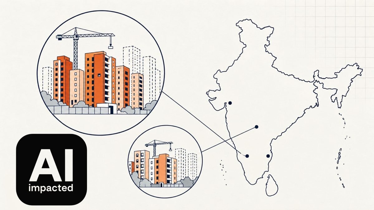 Outline map of India with four dots marking its main IT cities in the west and south. Two magnified circular insets show clusters of apartment towers under construction cranes: some towers are shaded burnt orange and others are drawn only in dashed outline, as built or planned but unsold. The AIimpacted logo tile sits bottom left.